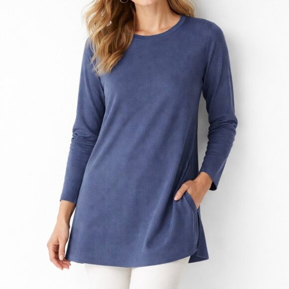 J. Jill Ribbed Knit Long Sleeve Tunic Top in Deep Sea Blue Size M Tall NWT